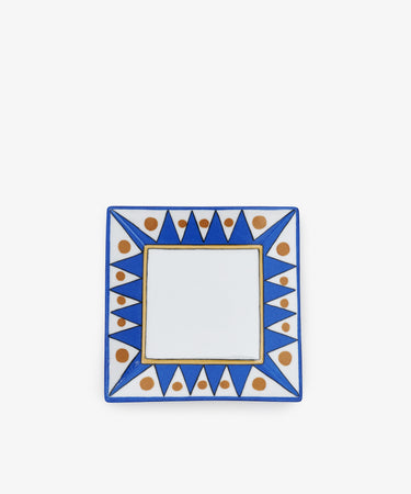 Pietro Decorative Tray by Matilde Argiolas. Painted porcelain square with blue and orange stardust and dot designs.