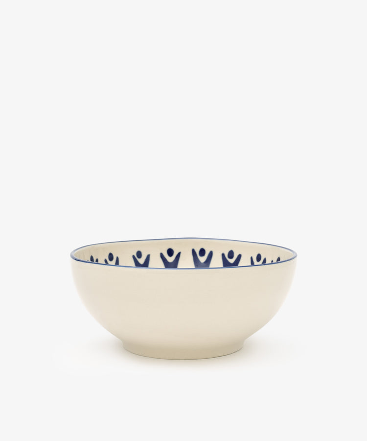The Vito Cereal Bowl, Set of 4, features cream-colored ceramic bowls handmade with a blue rim and abstract human figures around the inner edge—ideal for everyday use.