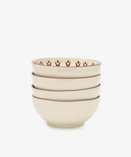 A set of four Vito Cereal Bowls in cream ceramic, handmade with a brown patterned inner rim, shown on a plain white background—ideal for daily use.