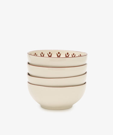 A set of four Vito Cereal Bowls in cream ceramic, handmade with a brown patterned inner rim, shown on a plain white background—ideal for daily use.