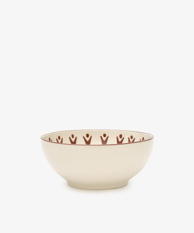 The Vito Cereal Bowl, Set of 4, features a cream ceramic finish with brown abstract human figures around the inner rim—ideal for daily use and showcased against a plain white background.