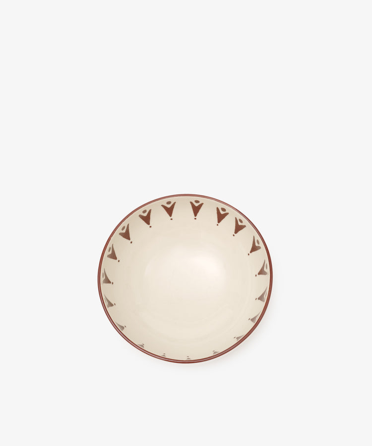 The Vito Cereal Bowl, Set of 4, features round cream-colored ceramic bowls with a brown geometric rim design, ideal for daily use and shown from above on a plain white background.