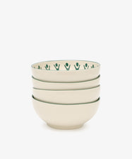 The Vito Cereal Bowl, Set of 4, features off-white ceramic bowls with a green abstract pattern along the inner rim—ideal for everyday use. Shown stacked on a plain white background.