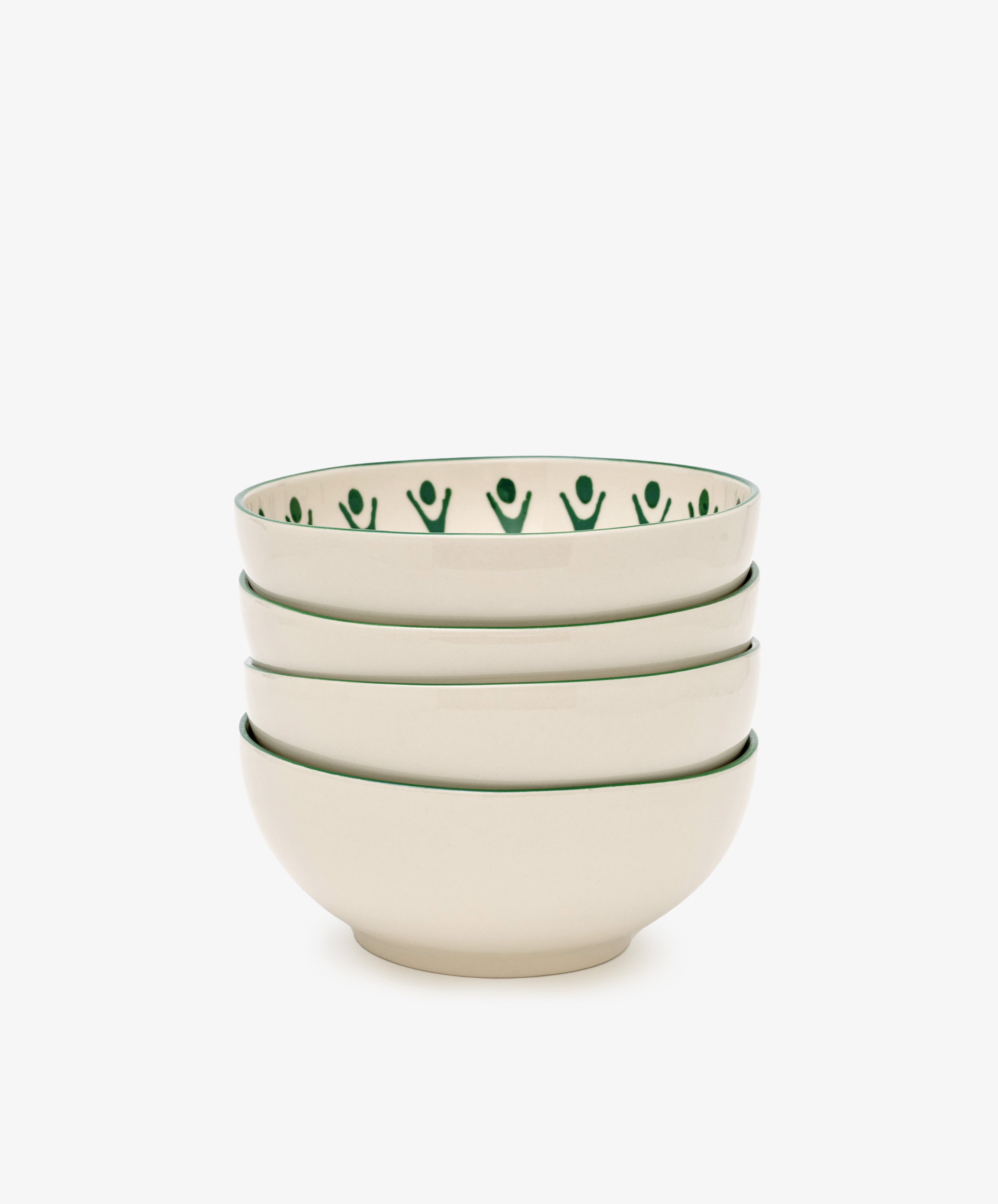 The Vito Cereal Bowl, Set of 4, includes cream ceramic bowls with a green rim and abstract green pattern—handmade tableware ideal for everyday use.
