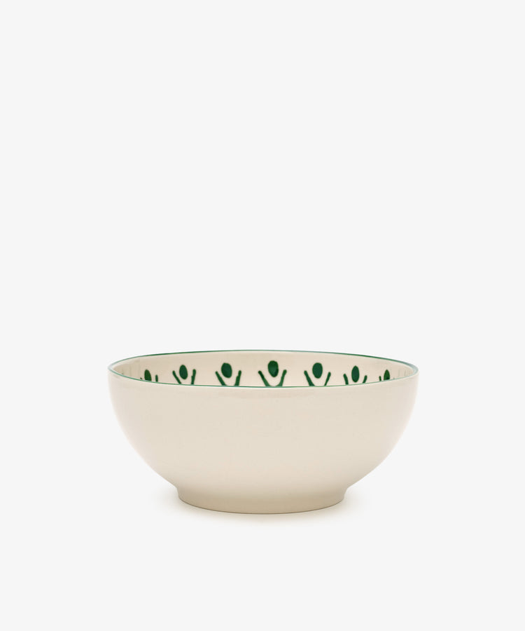 The Vito Cereal Bowl, Set of 4, features handmade cream-colored ceramic bowls with a green stylized human pattern along the inner rim—designed for everyday use.