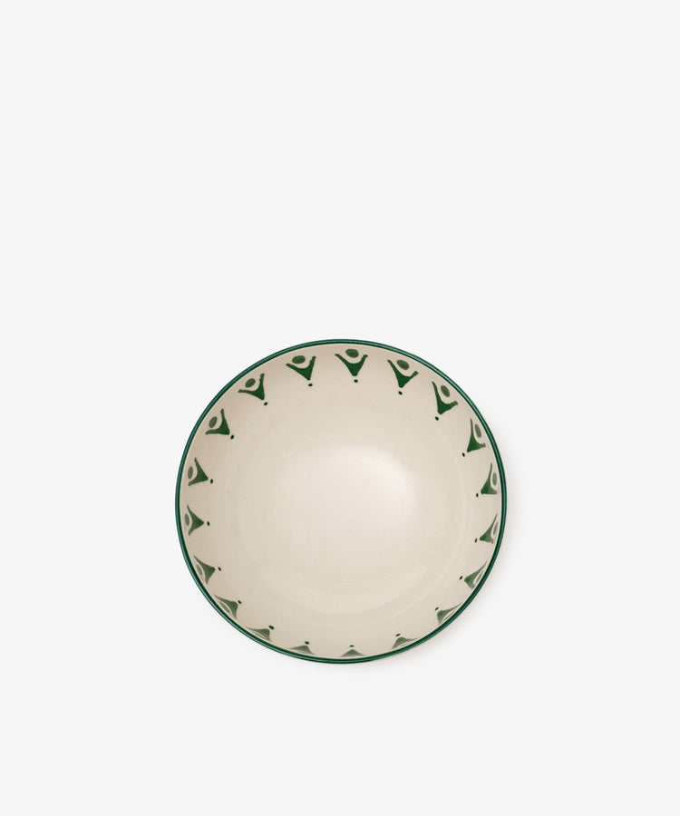 The Vito Cereal Bowl, Set of 4 features round ceramic bowls with cream interiors and green geometric rims, perfect for daily use. Bowls are shown from above on a white background.