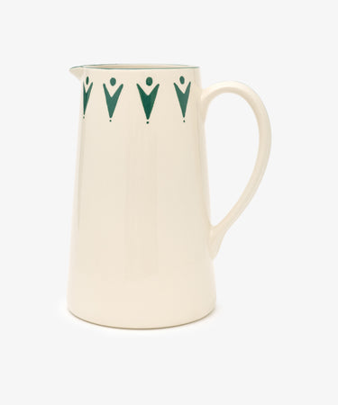 The Vito Jug is a cream-colored, handmade jug featuring a handle and green geometric pattern near the rim—perfect as a unique gift for any occasion. Set against a plain white background.