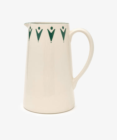 The Vito Jug is a cream ceramic piece featuring a curved handle and dark green geometric designs near the rim—ideal for those who love distinctive glassware.