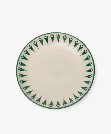 The Vito Serving Platter is a handmade round ceramic plate with a cream center and green geometric rim—unique serveware and a thoughtful gift for any occasion.