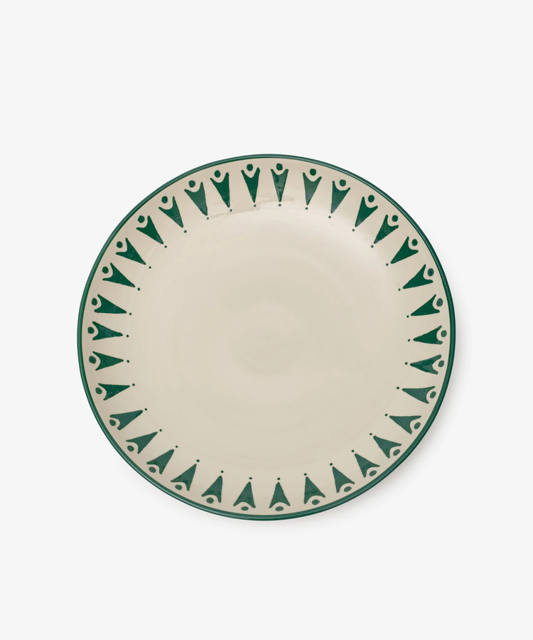 The Vito Serving Platter is a handmade round ceramic plate with a cream center and green geometric rim—unique serveware and a thoughtful gift for any occasion.