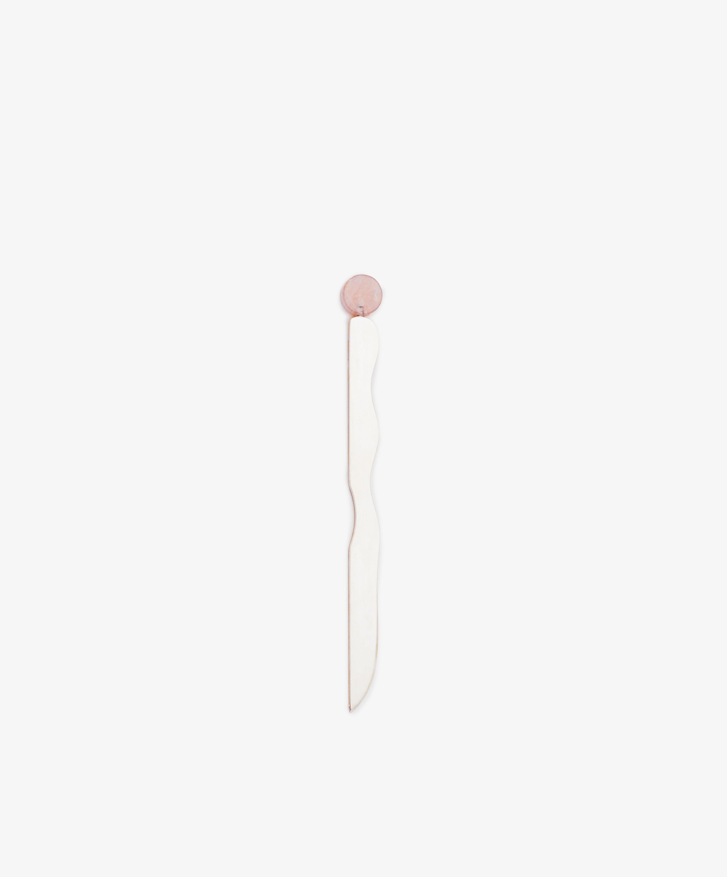 A minimalist, handcrafted Letter Opener with a wavy white and silver-plated blade and a round pink quartz-inspired handle, showcased against a plain white background.