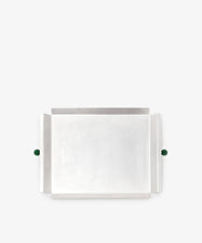 The Freya Serving Tray features a rectangular silver design, raised sides, and two green stone handles—a unique home decor piece shown on a plain white background.