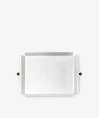The Freya Serving Tray features a rectangular silver design, raised sides, and two green stone handles—a unique home decor piece shown on a plain white background.