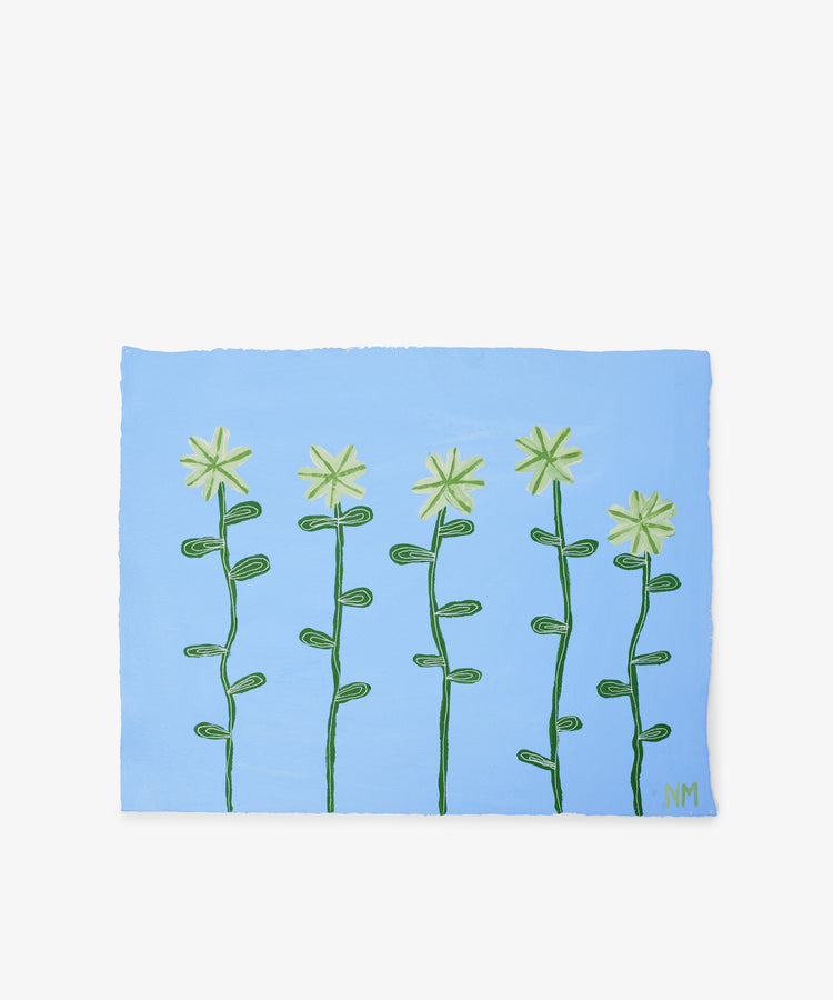 Flowering Daisies features five tall green flowers with spiral stems and star-shaped petals on a blue background; initials NM appear bottom right. Inspired by Field Studies, it was exhibited at Art360.