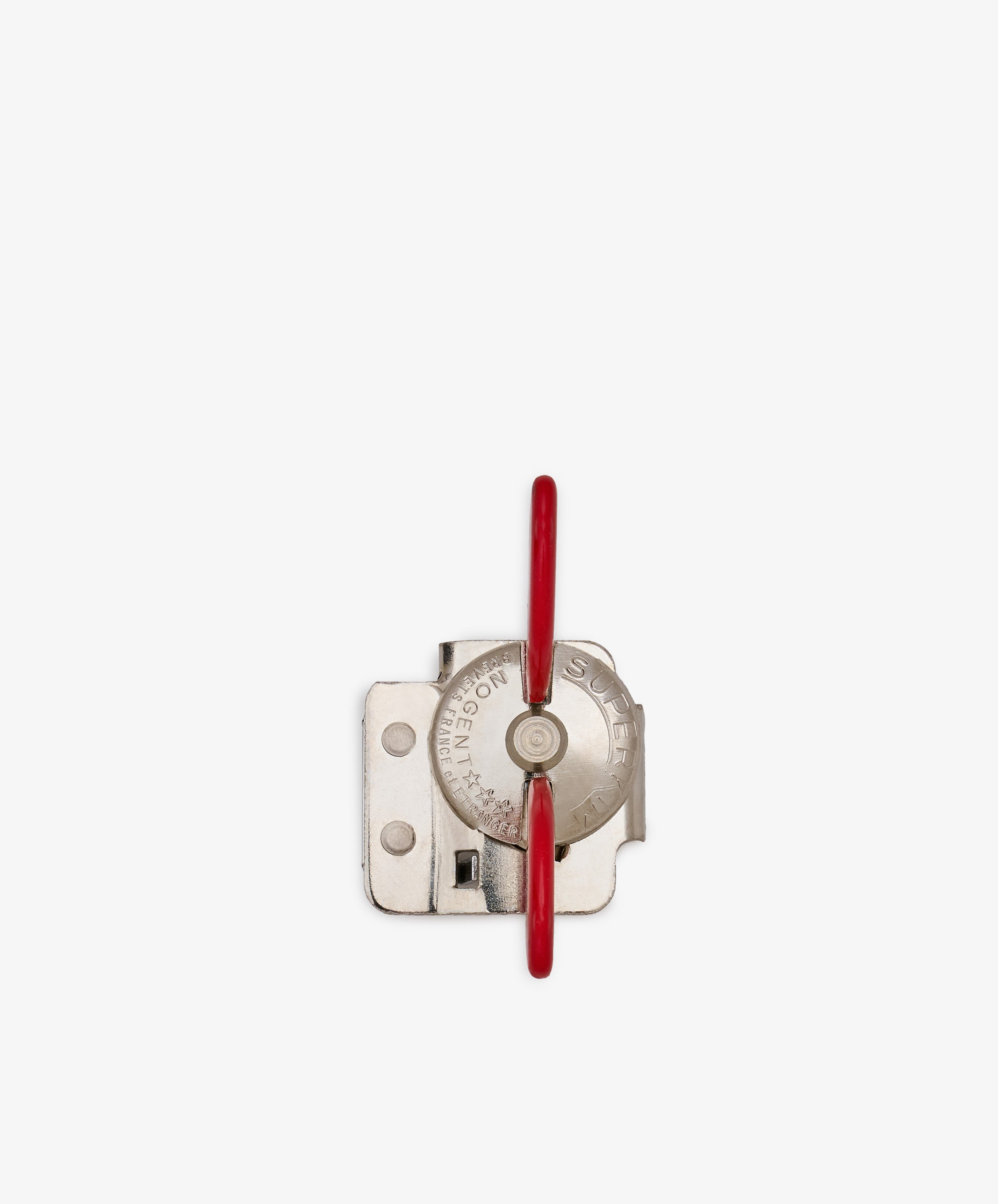 A Super Kim Can Opener with a round, engraved top and two red handles featuring a butterfly mechanism is shown against a plain white background.