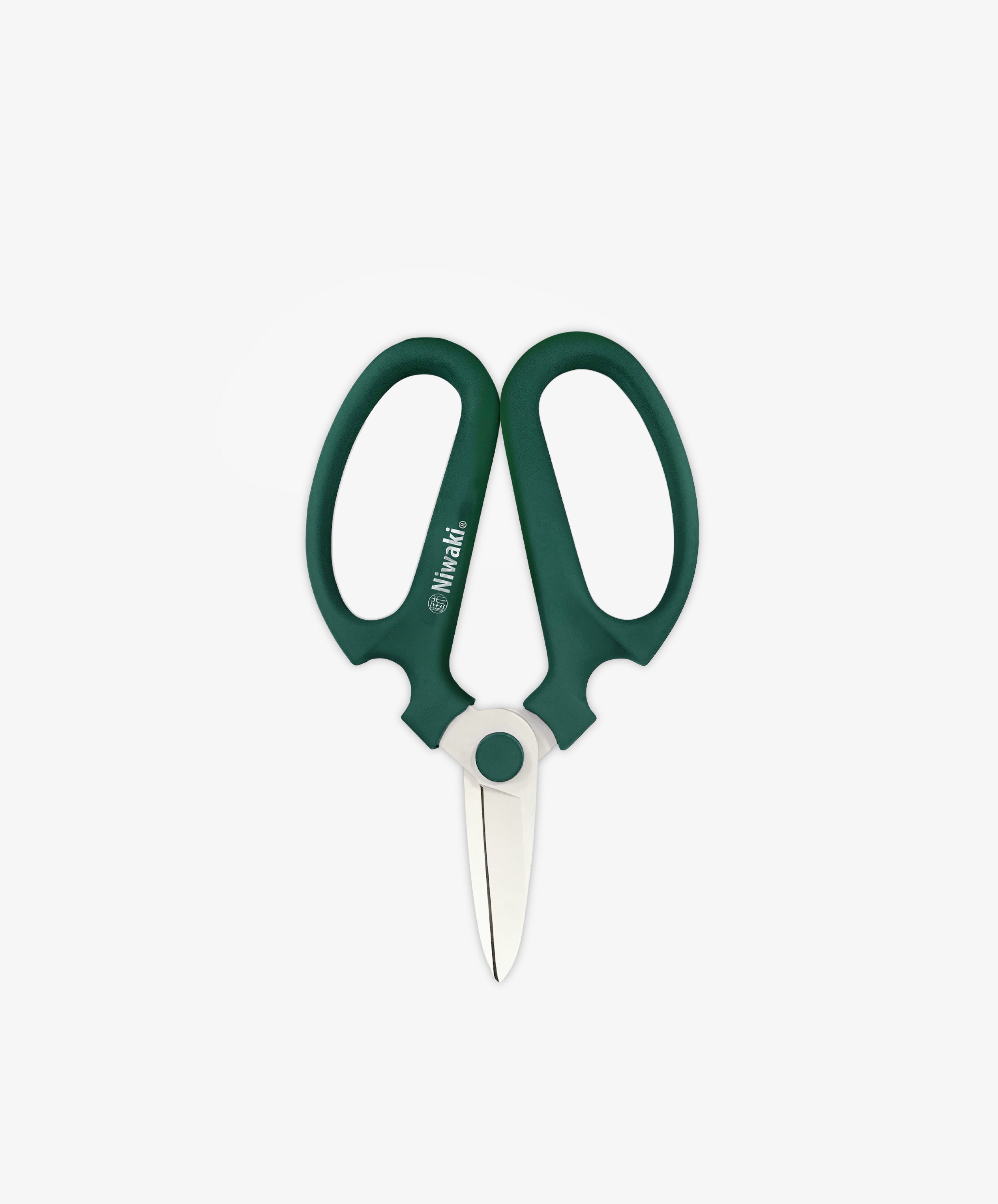 The Sakagen Flower Scissors, featuring green handles and stainless steel blades, are perfect for trimming stems and are shown on a plain white background.