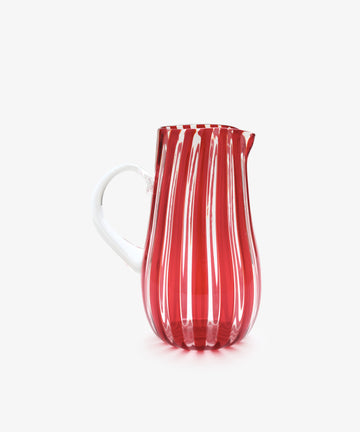 Louisa Jug. Murano glass pitcher with vertical red striping and clear glass handle.