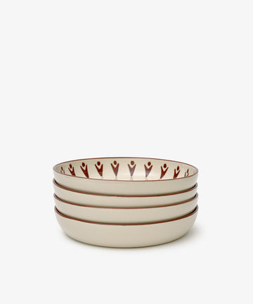 The Vito Pasta Bowl Set includes four cream ceramic bowls with a brown decorative inner rim—ideal for everyday use.