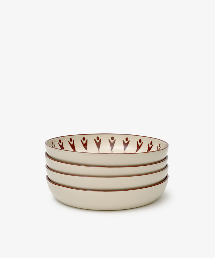 The Vito Pasta Bowl Set includes four cream ceramic bowls with a brown decorative inner rim—ideal for everyday use.
