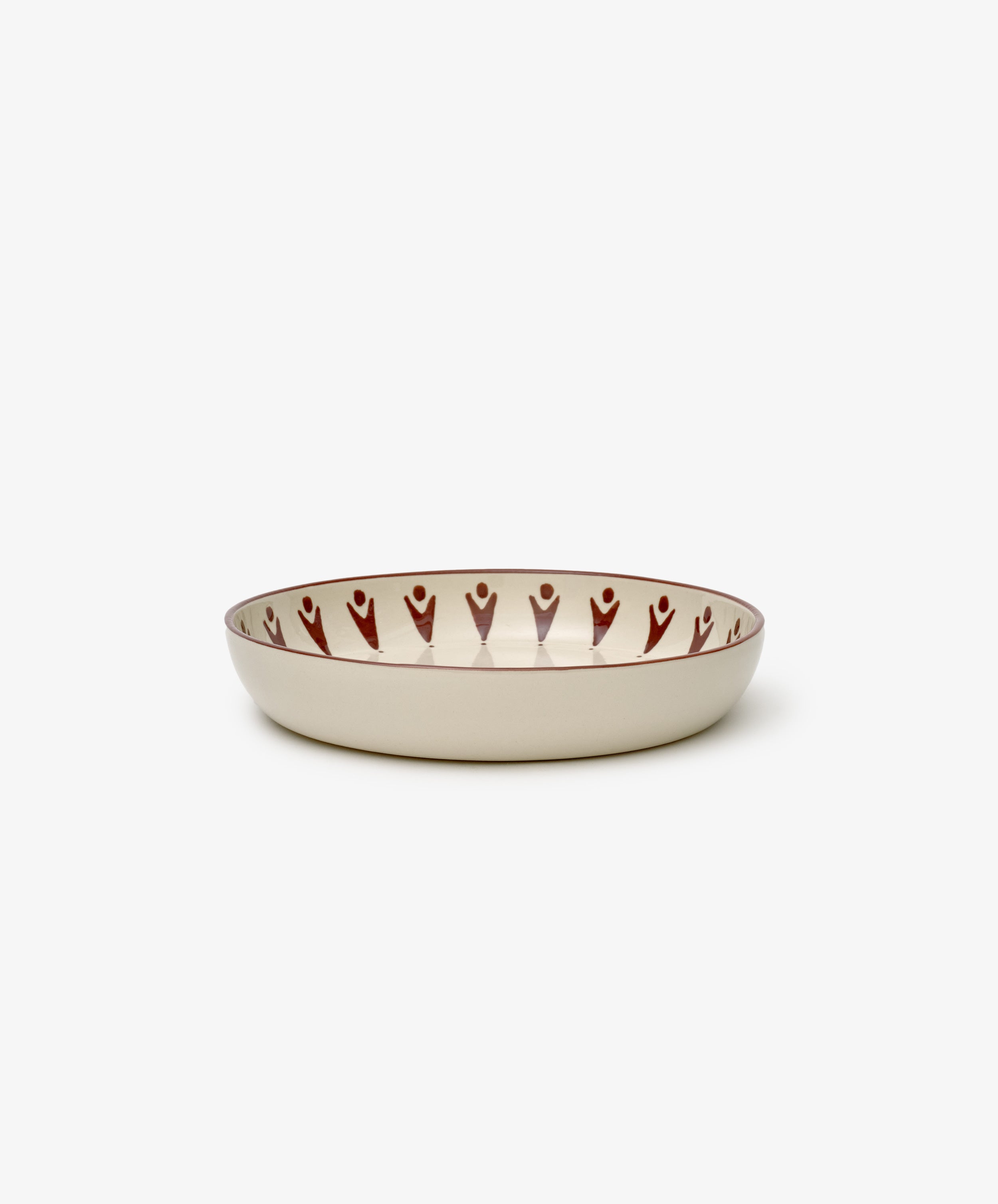 The Vito Pasta Bowl, Set of 4: shallow round ceramic bowls with a beige exterior and an interior rim decorated with a repeating brown abstract pattern—handmade for everyday use.