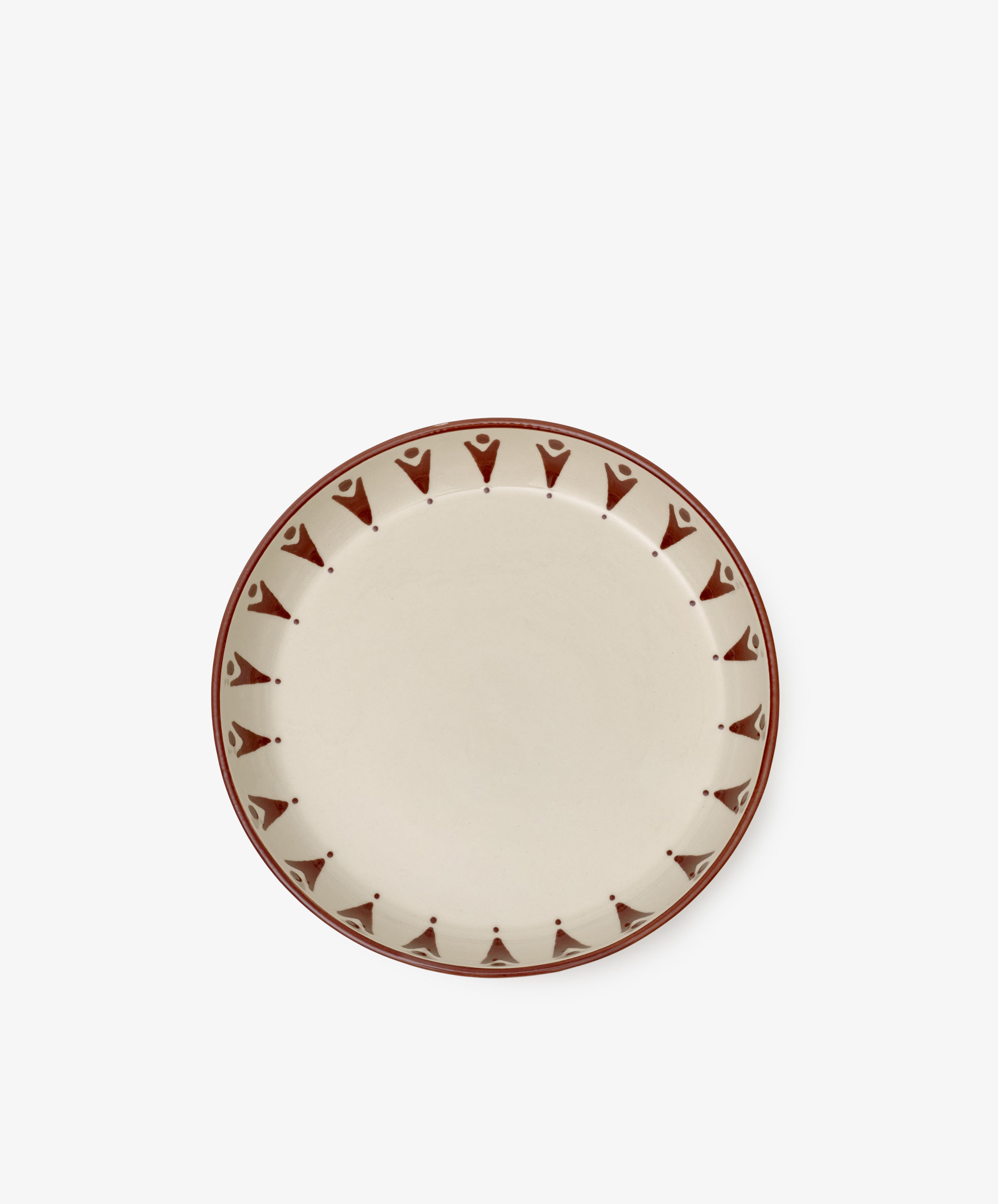 The Vito Pasta Bowl, Set of 4, features round ceramic bowls handmade for everyday use with beige centers and decorative brown geometric borders, displayed on a white background.