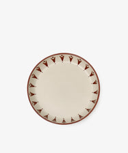 The Vito Pasta Bowl, Set of 4, features round ceramic bowls handmade for everyday use with beige centers and decorative brown geometric borders, displayed on a white background.