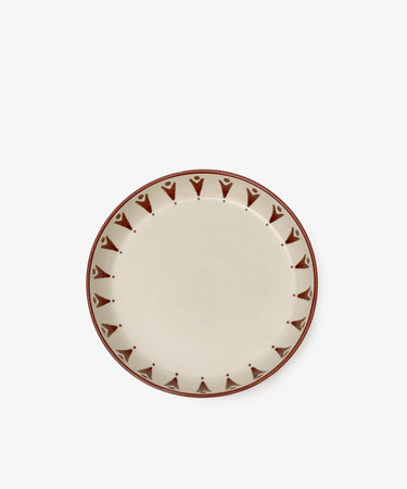 The Vito Pasta Bowl, Set of 4, features round ceramic bowls handmade for everyday use with beige centers and decorative brown geometric borders, displayed on a white background.