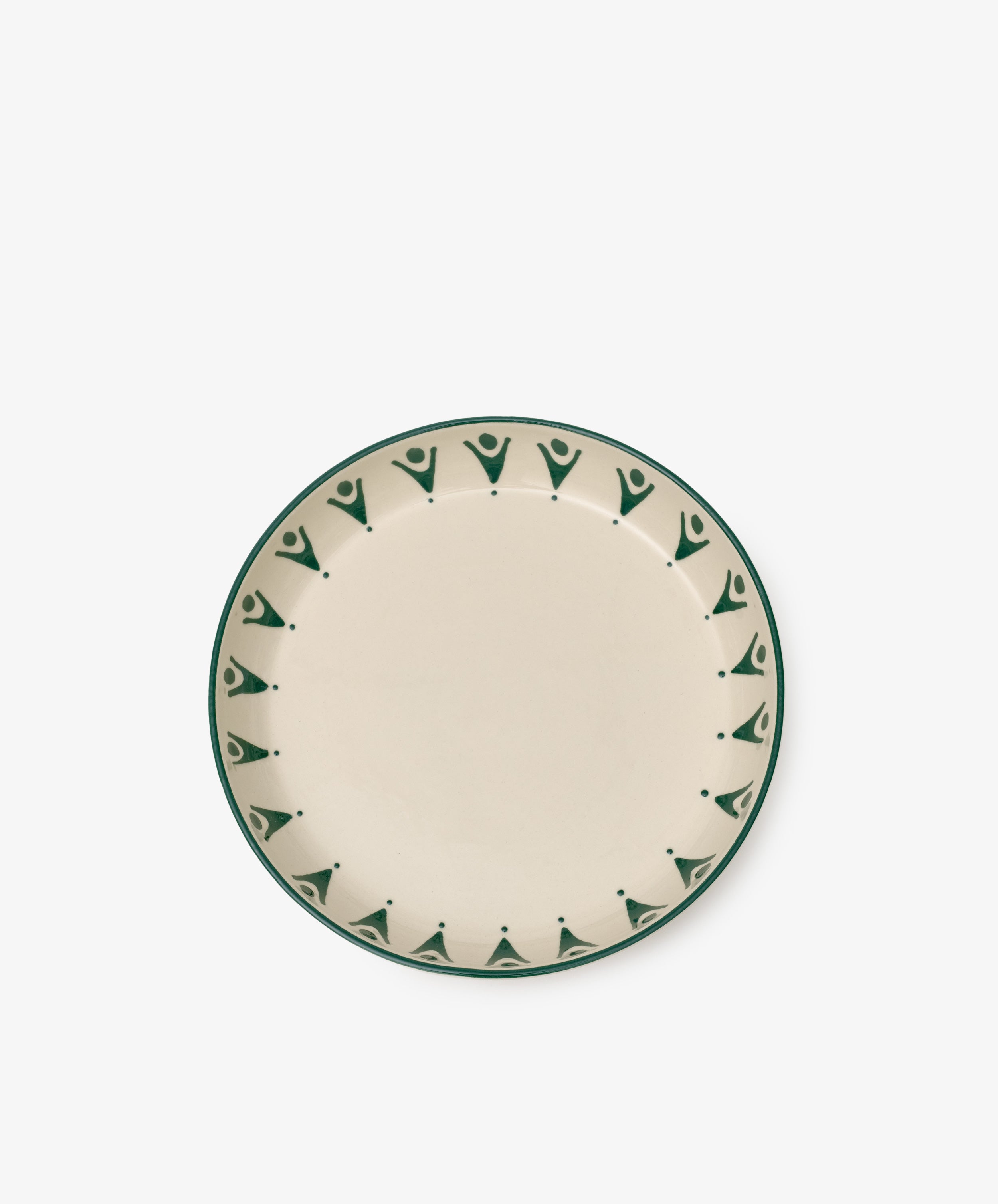 The Vito Pasta Bowl, Set of 4, features round ceramic bowls with a cream base and green geometric rim pattern, ideal for everyday use and shown on a plain white background.