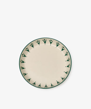 The Vito Pasta Bowl, Set of 4, features round ceramic bowls with a cream base and green geometric rim pattern, ideal for everyday use and shown on a plain white background.