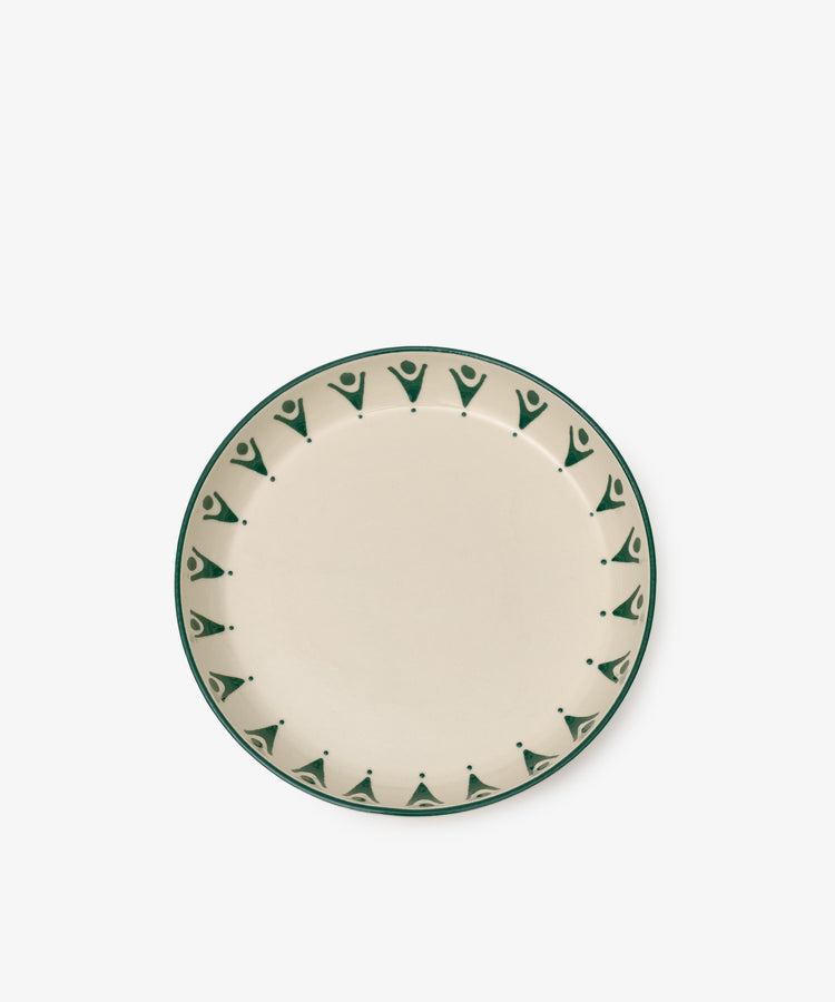 The Vito Pasta Bowl, Set of 4, features round ceramic bowls with a cream base and green geometric rim pattern, ideal for everyday use and shown on a plain white background.