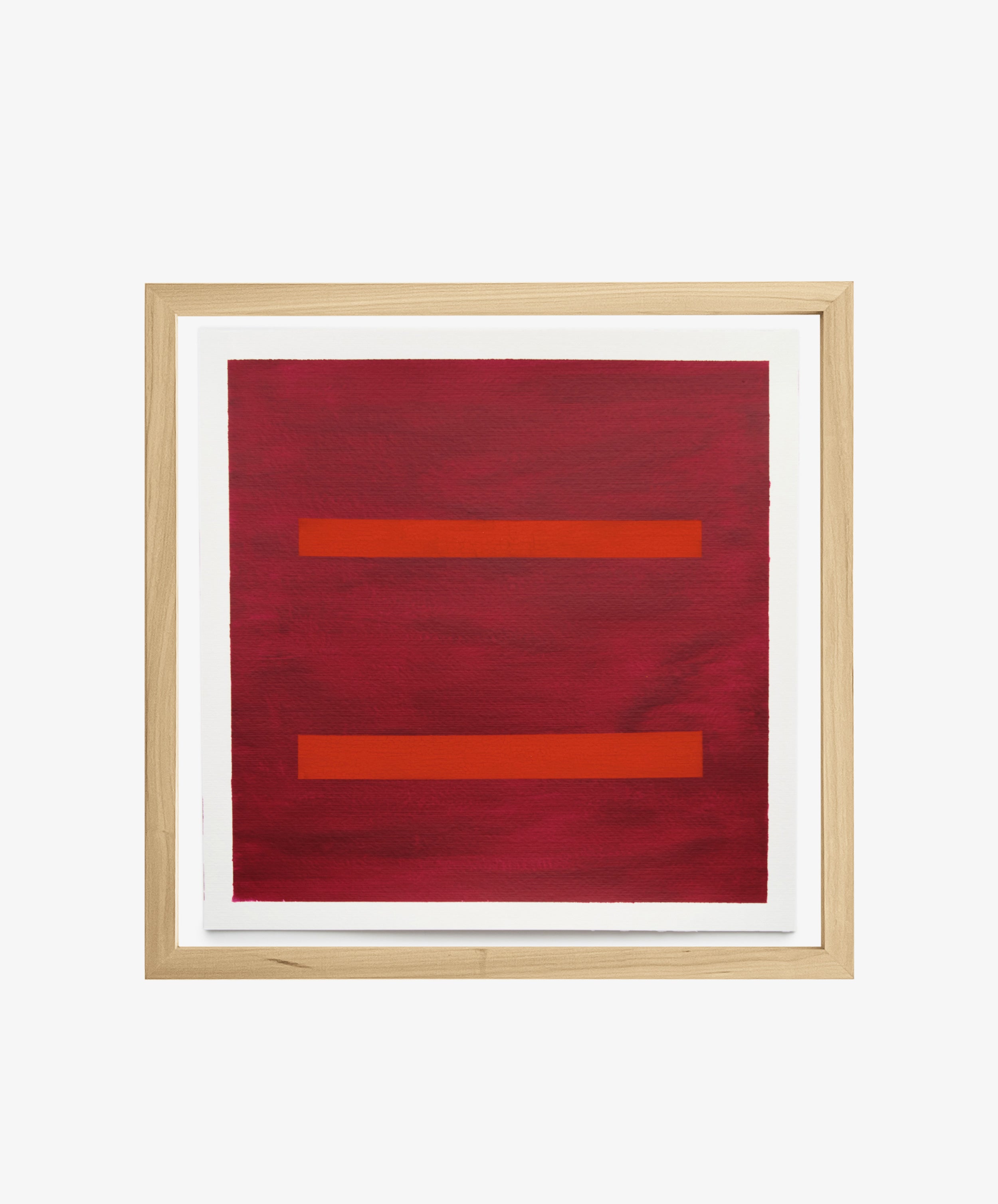 Magnetic Color Field by Nat Sly. Abstract acrylic on square paper in maroon and red, framed in wood.