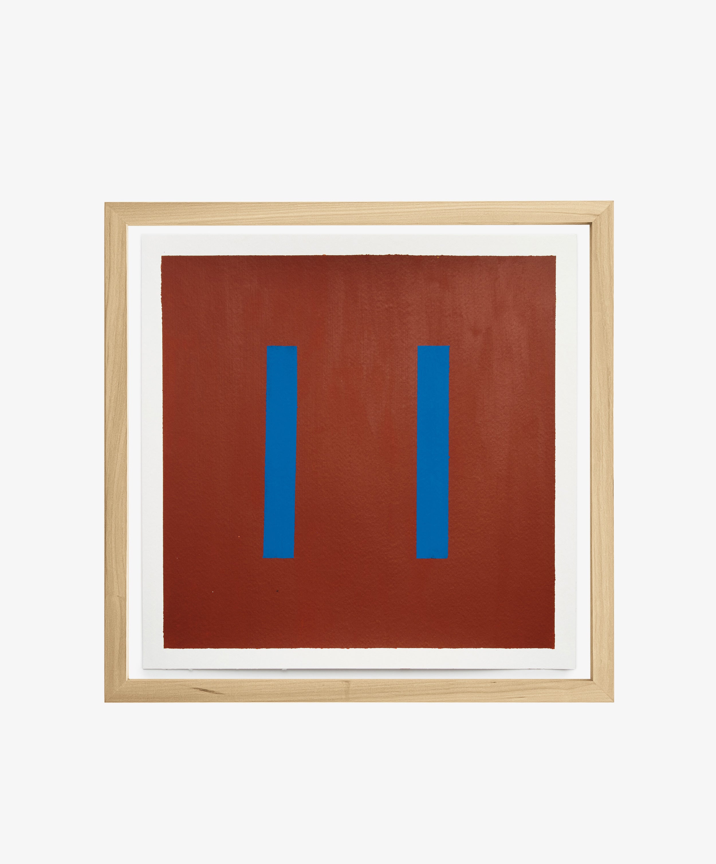 Magnetic Color field by Nat Sly. Abstract acrylic on square paper in maroon and blue, framed in wood.