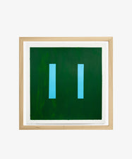 Magnetic Color Field by Nat Sly. Abstract acrylic on square paper in green and sky blue, framed in wood.