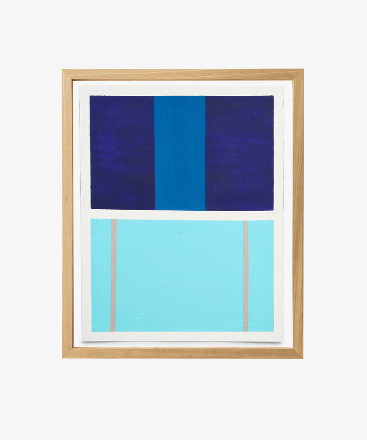 Magnetic Color Field by Nat Sly. Abstract acrylic on paper in shades of blue and aqua rectangles, framed in wood.
