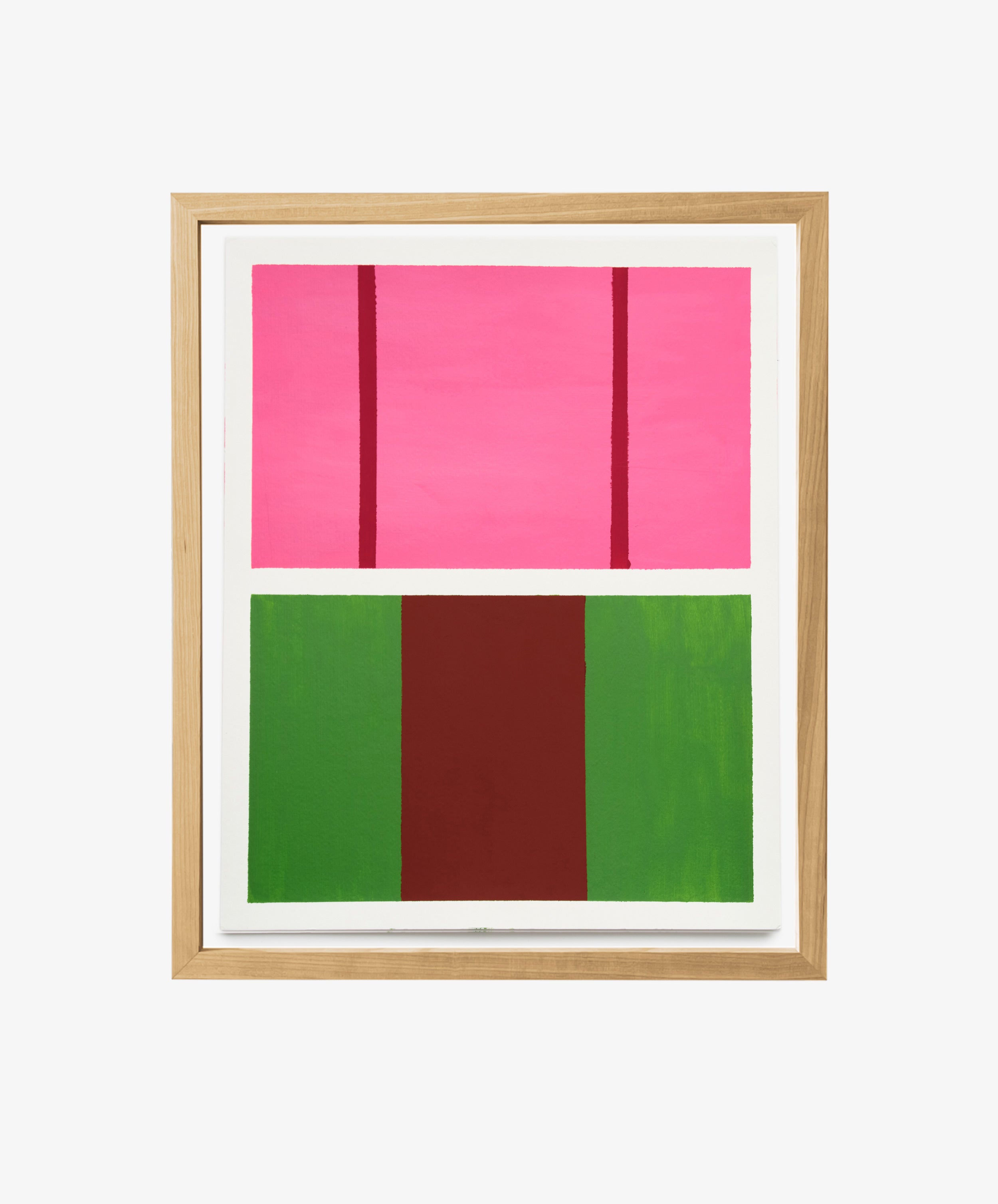Magnetic Color Field by Nat Sly. Abstract acrylic on paper in pink, maroon and green rectangles, framed in wood.