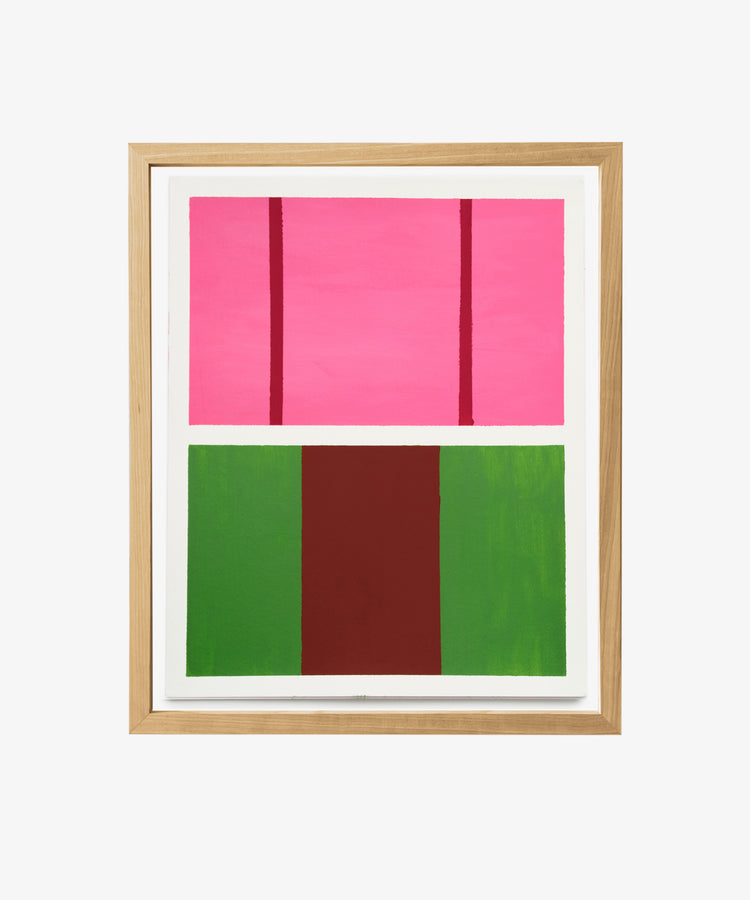 Magnetic Color Field by Nat Sly. Abstract acrylic on paper in pink, maroon and green rectangles, framed in wood.