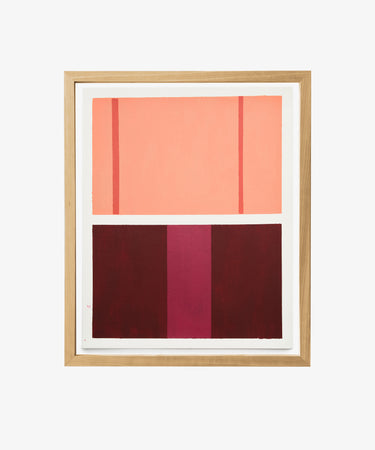 Magnetic Color Field by Nat Sly. Abstract acrylic on paper in pink and maroon rectangles, framed in wood.