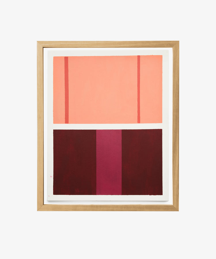 Magnetic Color Field by Nat Sly. Abstract acrylic on paper in pink and maroon rectangles, framed in wood.