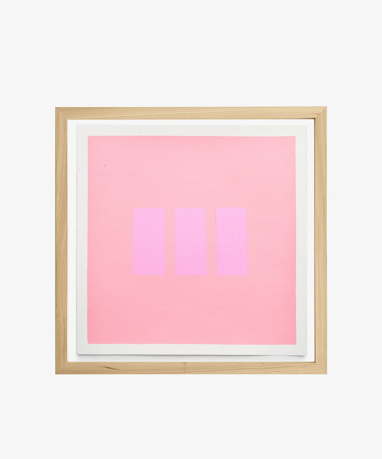 Magnetic Color Field by Nat Sly. Abstract acrylic on square paper in pink on pink, framed in wood.