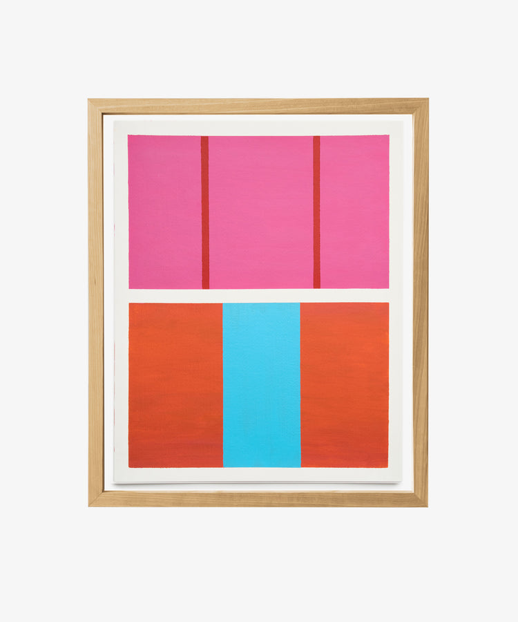 Magnetic Color Field by Nat Sly. Abstract acrylic on paper in pink, red and aqua rectangles, framed in wood.