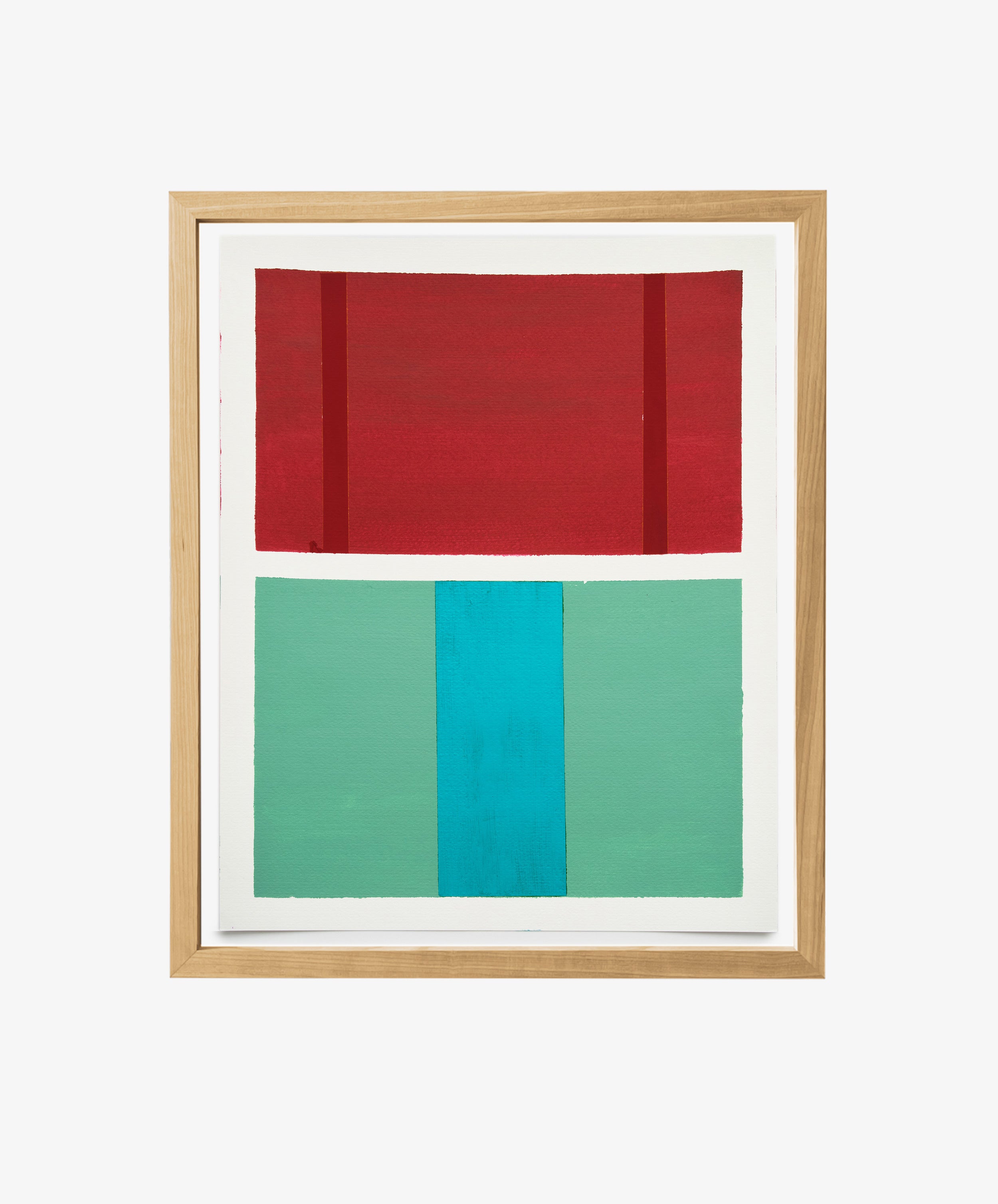 Magnetic Color Field by Nat Sly. Abstract acrylic on paper in red and aqua rectangles, framed in wood.