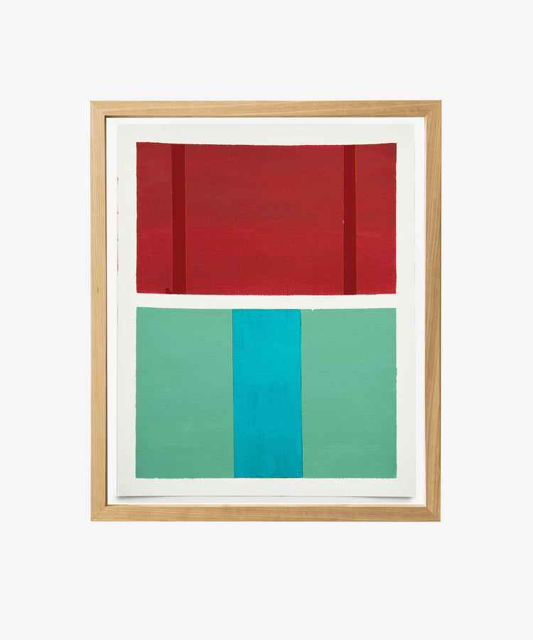 Magnetic Color Field by Nat Sly. Abstract acrylic on paper in red and aqua rectangles, framed in wood.