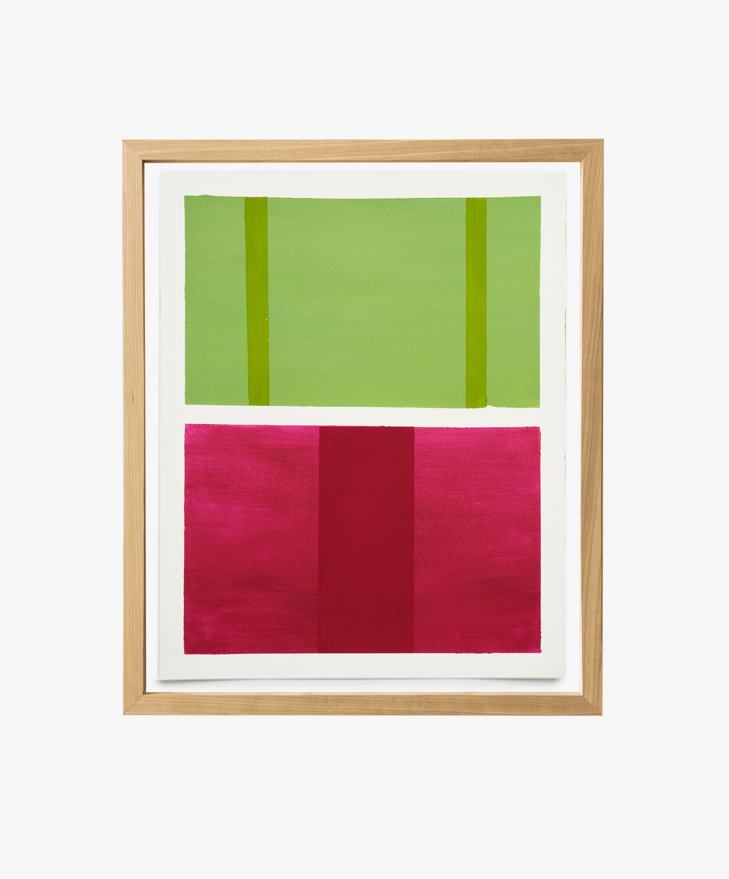 Magnetic Color Field by Nat Sly. Abstract acrylic on paper in red and green rectangles, framed in wood.