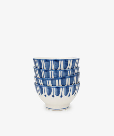Set of 4 Jorge Cereal Bowls, featuring a blue and white geometric pattern, stacked together and displayed against a plain white background.