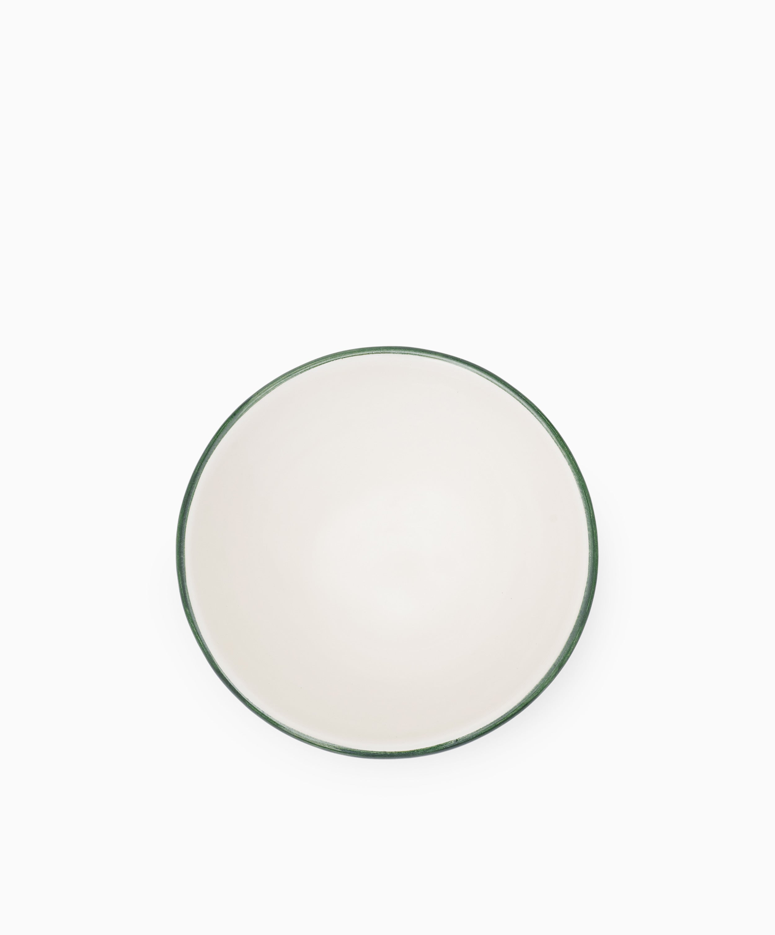 The Jorge Cereal Bowl, Set of 4, features white Portuguese ceramic with a thin green rim, elegantly displayed from above on a plain white background.