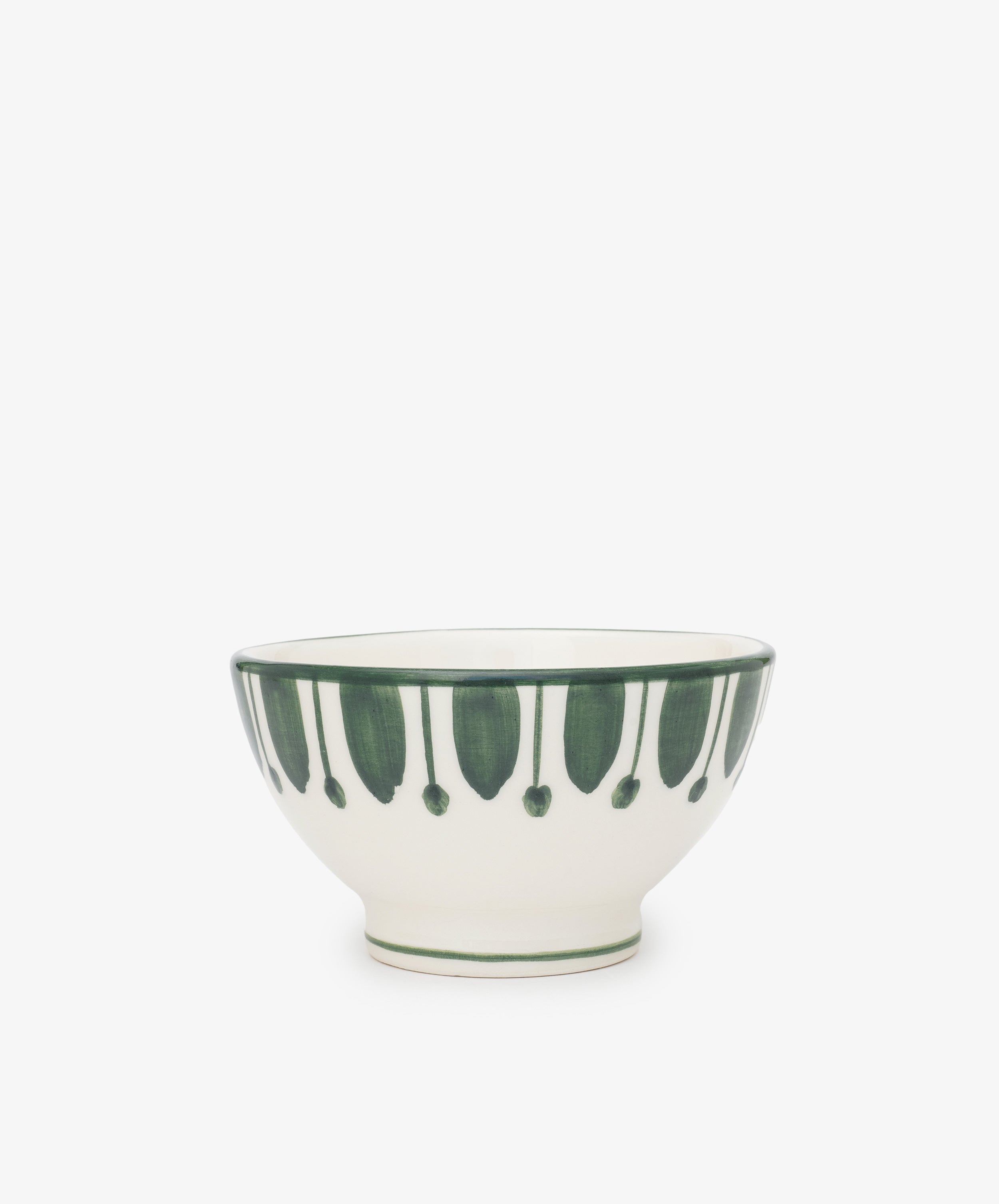 The Jorge Cereal Bowl, Set of 4, features white ceramic bowls with a green leaf-like traditional pattern and matching rim, crafted in Portugal and showcased on a plain white background.