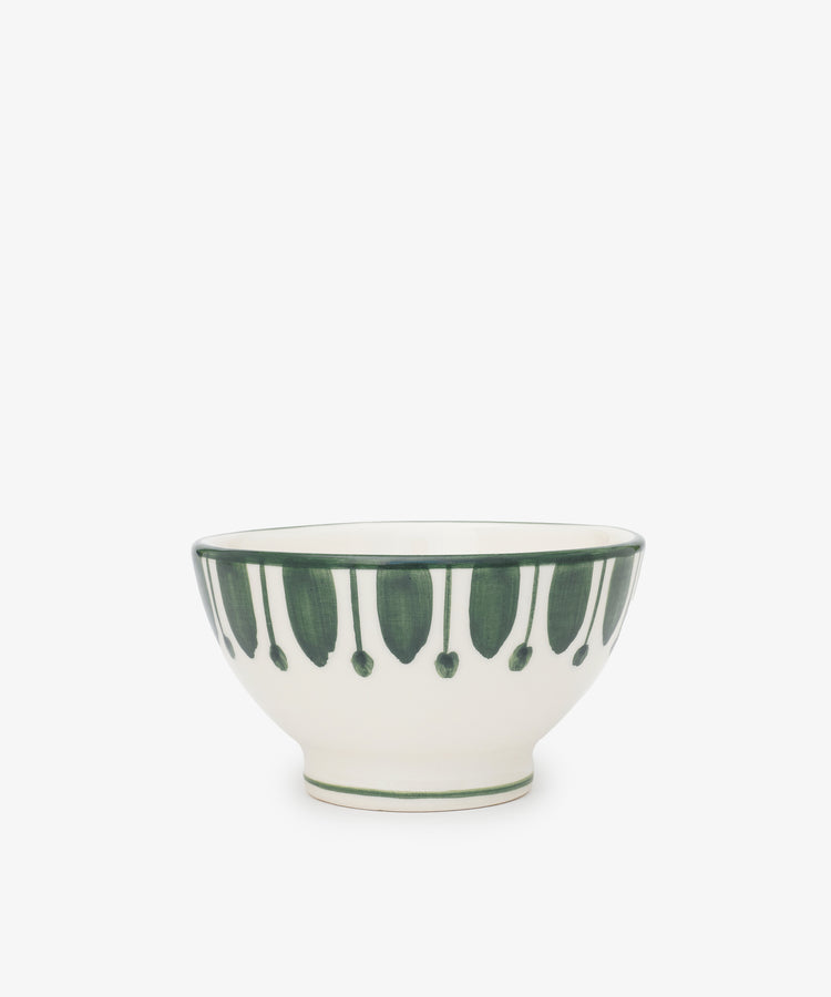 The Jorge Cereal Bowl, Set of 4, features white ceramic bowls with a green leaf-like traditional pattern and matching rim, crafted in Portugal and showcased on a plain white background.