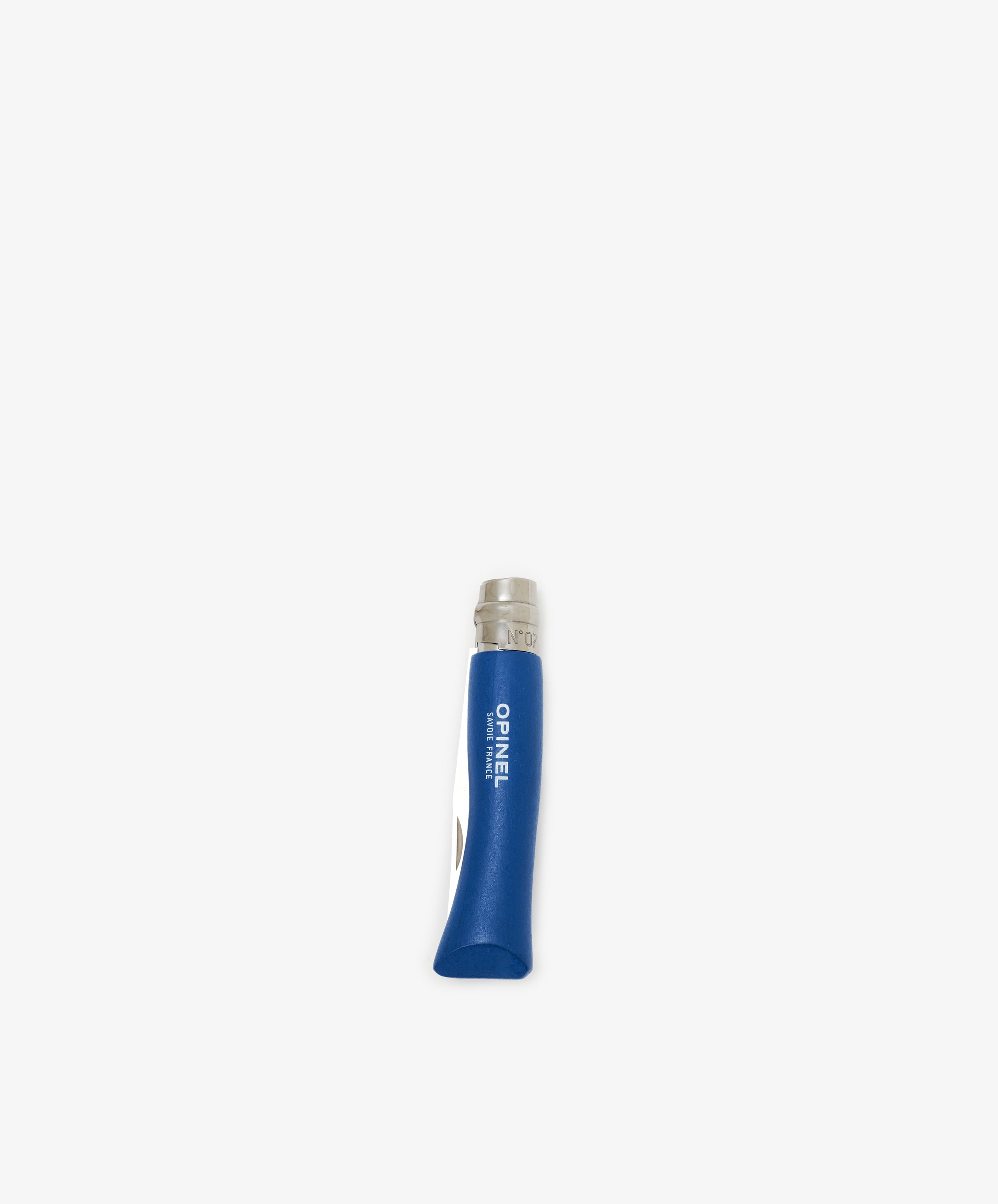 A Primo Kids Knife with a blue handle is shown closed against a plain white background, featuring its signature safety locking ring.