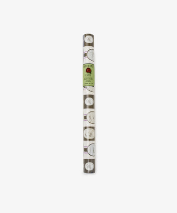 Neoclassical and stylish, the Intaglio Stripe Gift Wrap by Parvum Opus features brown Kraft paper with white animal and plant motifs plus a green central label—perfect for timelessly wrapping your gifts.