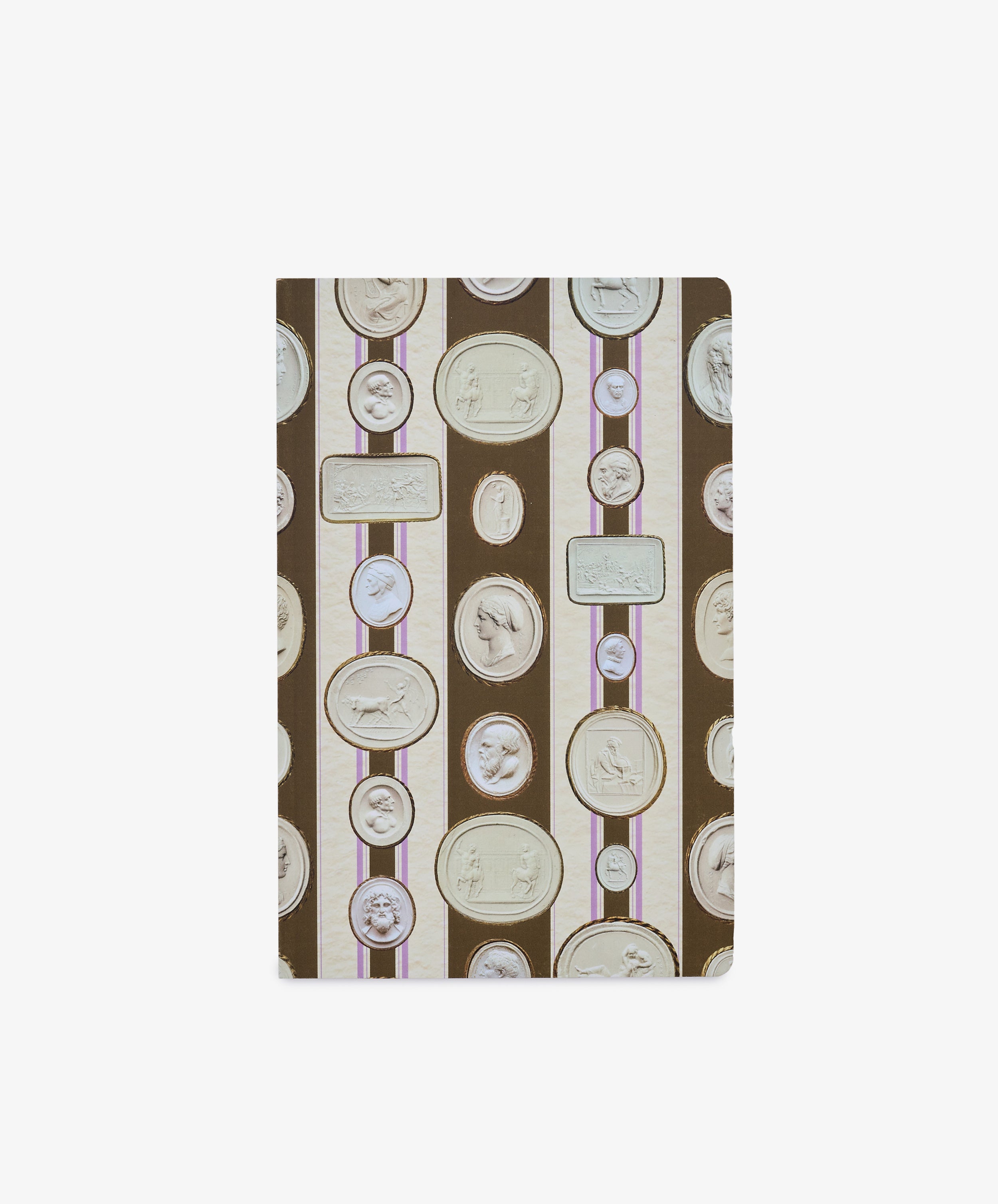 Introducing the Intaglio Notebook—a soft-cover notebook with a brown cover adorned with vertical stripes and oval medallion designs showcasing classical-style profile portraits and scenes. Crafted with acid-free writing paper, this notebook ensures lasting quality for all your notes.